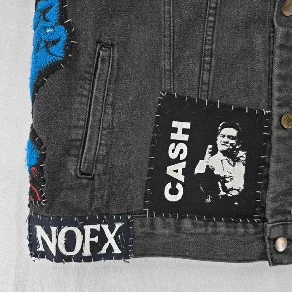 Punk Rock Vest Mens XXL Black Denim Patched Sleeveless Jacket Custom Patches - Picture 9 of 16